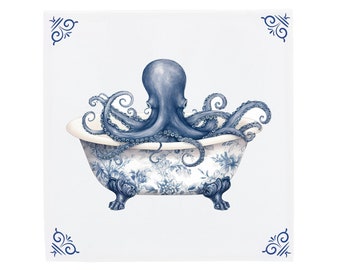Delft Blue Ceramic Tile: Octopus in Bathtub - Seaside Bathroom Decor