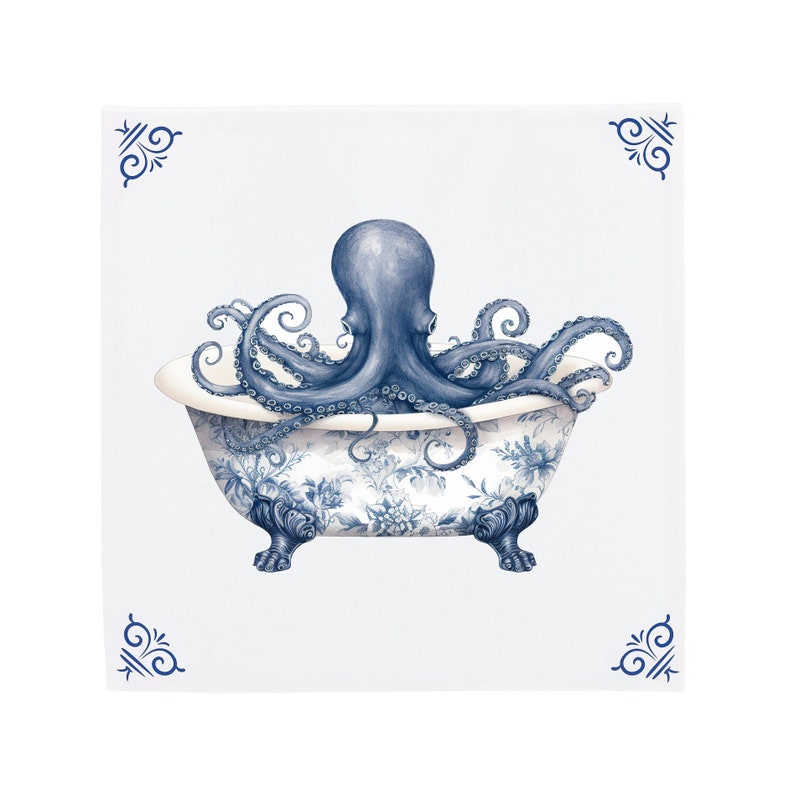 Octopus in Bathtub Delft Blue Ceramic tile, seaside bathroom or shower decor, squid, porcelain art, bathroom tiles for beach house Corner Ornaments