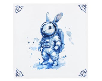 Delft Blue Tile: Astronaut Rabbit Design (11x11, 15x15, 20x20 cm)