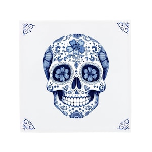 Delft Blue Ceramic Tile: Dia de los Muertos Skull | Modern Dutch Design, Handcrafted Art, Unique Home Decor & Gift, Traditional Charm