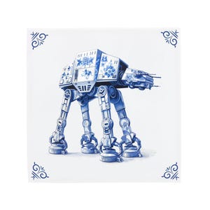 Delft Blue Ceramic Tile: Star Wars AT-AT | Modern Dutch Design, Handcrafted Ceramic Art, Unique Home Decor & Gift, Traditional Charm