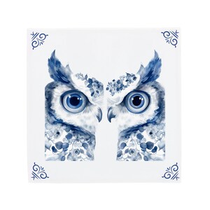 Delft Blue Ceramic Tile: Owl Pair | Modern Dutch Design, Handcrafted Ceramic Art, Unique Home Decor & Gift, Traditional Charm