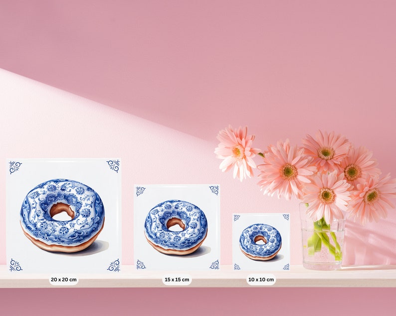 Arte delle piastrelle in ceramica blu Delft con ciambella smaltata, Dunkin Donuts o Krispy Kreme, arte gastronomica, arte della ciambella, design olandese di arte alimentare, regalo gastronomico immagine 4