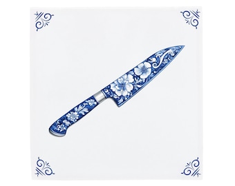 Delft Blue Ceramic Tile: Chef's Knife | Modern Dutch Design, Handcrafted Ceramic Art, Unique Home Decor & Gift, Traditional Charm