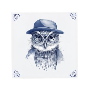 Delft Blue Ceramic Tile: Hipster Owl | Modern Dutch Design, Handcrafted Ceramic Art, Unique Home Decor & Gift, Traditional Charm