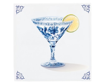 Delft Blue Ceramic Tile: Martini Cocktail Glass | Modern Dutch Design, Handcrafted Ceramic Art, Unique Home Decor & Gift, Traditional Charm