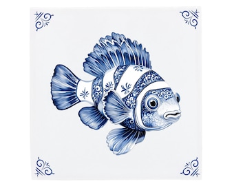 Delft Blue Tile, Clownfish Motif - Modern Dutch Design | Handcrafted Ceramic, 11x11, 15x15, 20x20 cm