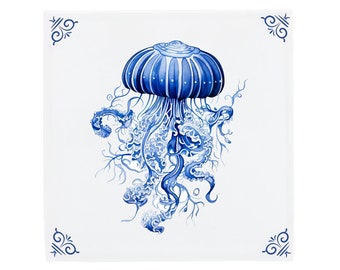 Delft Blue Ceramic Tile: Decorated Jellyfish | Modern Dutch Design, Handcrafted Ceramic Art, Unique Home Decor & Gift, Traditional Charm