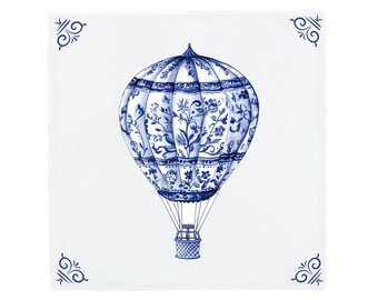 Blue Delft Tile, Vintage Hot Air Balloon Wall Decor | High Quality Ceramic | 11x11, 15x15, 20x20