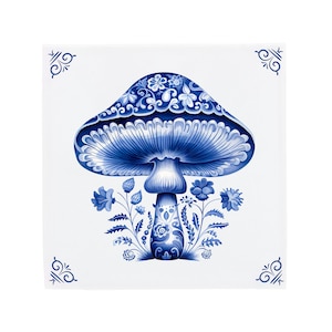 Delft Blue Ceramic Tile: Mushroom | Modern Dutch Design, Handcrafted Ceramic Art, Unique Home Decor & Gift, Traditional Charm