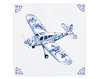 Light Sport Aircraft, Blue Delft Ceramic Tile | Handcrafted Aviation Wall Decor | 11x11, 15x15, 20x20