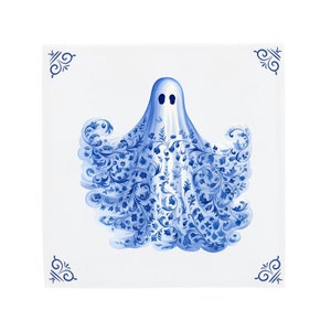Delft Blue Ceramic Tile: Decorated Spooky Ghost | Modern Dutch Design, Handcrafted Ceramic Art, Unique Home Decor & Gift, Traditional Charm