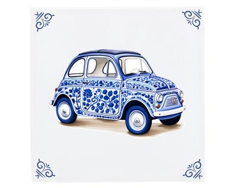 Delfts Blauwe Keramische Tegel: Klassieke Fiat 500 | Modern Nederlands design, handgemaakte keramische kunst, unieke woondecoratie en cadeau, traditionele charme