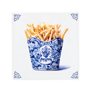 Carrelage hollandais vintage McDonald's Fries Delft, art gastronomique, carreaux de dosseret de cuisine en céramique bleue faits à la main, décoration de cuisine de restauration rapide Corner Ornaments