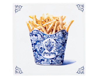 Vintage McDonalds French Fries Delft Dutch Tile, Foodie Art, Azulejos contra salpicaduras de cocina de cerámica azul hechos a mano, Decoración de cocina de comida rápida