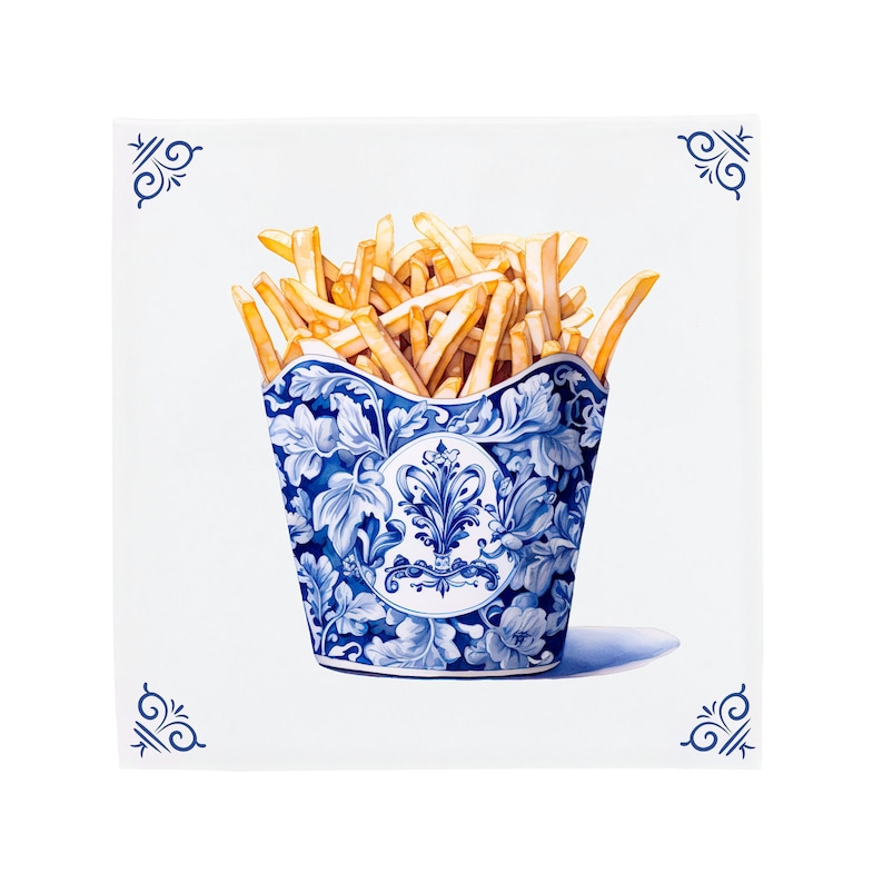 Carrelage hollandais vintage McDonald's Fries Delft, art gastronomique, carreaux de dosseret de cuisine en céramique bleue faits à la main, décoration de cuisine de restauration rapide Corner Ornaments