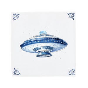 Delft Blue Ceramic Tile: UFO space ship | Modern Dutch Design, Handcrafted Ceramic Art, Unique Home Decor & Gift, Traditional Charm