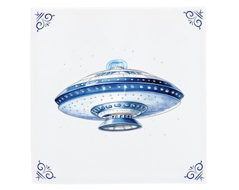 Delft Blue Ceramic Tile: UFO space ship | Modern Dutch Design, Handcrafted Ceramic Art, Unique Home Decor & Gift, Traditional Charm