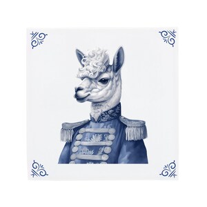 Delft Blue Ceramic Tile: Lama Sergeant | Modern Dutch Design, Handcrafted Ceramic Art, Unique Home Decor & Gift, Traditional Charm