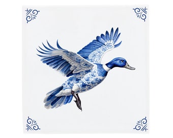 Carreau de céramique bleu de Delft : canard colvert décoré | Design hollandais moderne, oeuvre d'art en céramique faite main, cadeau et décoration d'intérieur uniques, charme traditionnel