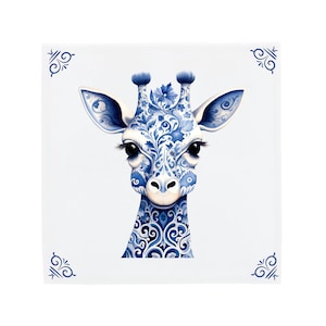 Delft Blue Ceramic Tile: Cute Giraffe Nursery  | Modern Dutch Design, Handcrafted Ceramic Art, Unique Home Decor & Gift, Traditional Charm