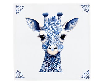 Carrelage en céramique bleu de Delft : Jolie girafe pour chambre de bébé | Design hollandais moderne, oeuvre d'art en céramique faite main, cadeau et décoration d'intérieur uniques, charme traditionnel