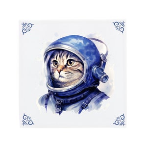 Space Cat, Astronaut or Cosmonaut Cat Delft Blue Tile, Galactic Decor, Dutch design, Handmade Home Decor, Cat Art, Cat Illustration