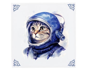 Space Cat, Astronaut or Cosmonaut Cat Delft Blue Tile, Galactic Decor, Dutch design, Handmade Home Decor, Cat Art, Cat Illustration