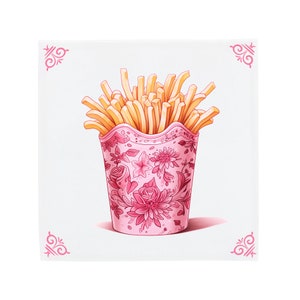 Delft Pink Ceramic Tile: McDonalds French Fries | Modern Dutch Design, Handcrafted Ceramic Art, Unique Home Decor & Gift, Traditional Charm