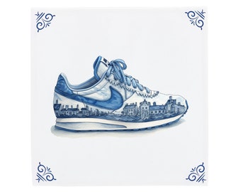 Handgemaakte Nike schoen Delfts blauwe tegel, uniek sneakerhead cadeau, sneaker hoofd decor, home decor modern Nederlands design, porselein decor