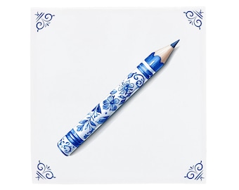 Delft Blue Ceramic Tile, Pencil Motif, Handpainted (3 Sizes Available)