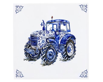 Dutch Ceramic Tile, Modern Tractor Design | Handcrafted Delft Blue | Sizes 11x11, 15x15, 20x20 Cm