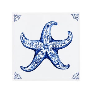Delft Blue Ceramic Tile: Starfish | Modern Dutch Design, Handcrafted Ceramic Art, Unique Home Decor & Gift, Traditional Charm