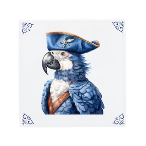 Delft Blue Ceramic Tile: Pirate Parrot Captain | Modern Dutch Design, Handcrafted Ceramic Art, Unique Home Decor & Gift, Traditional Charm