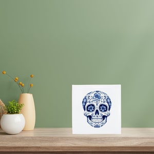 Delft Blue Ceramic Tile: Dia De Los Muertos Skull Modern Dutch Design ...
