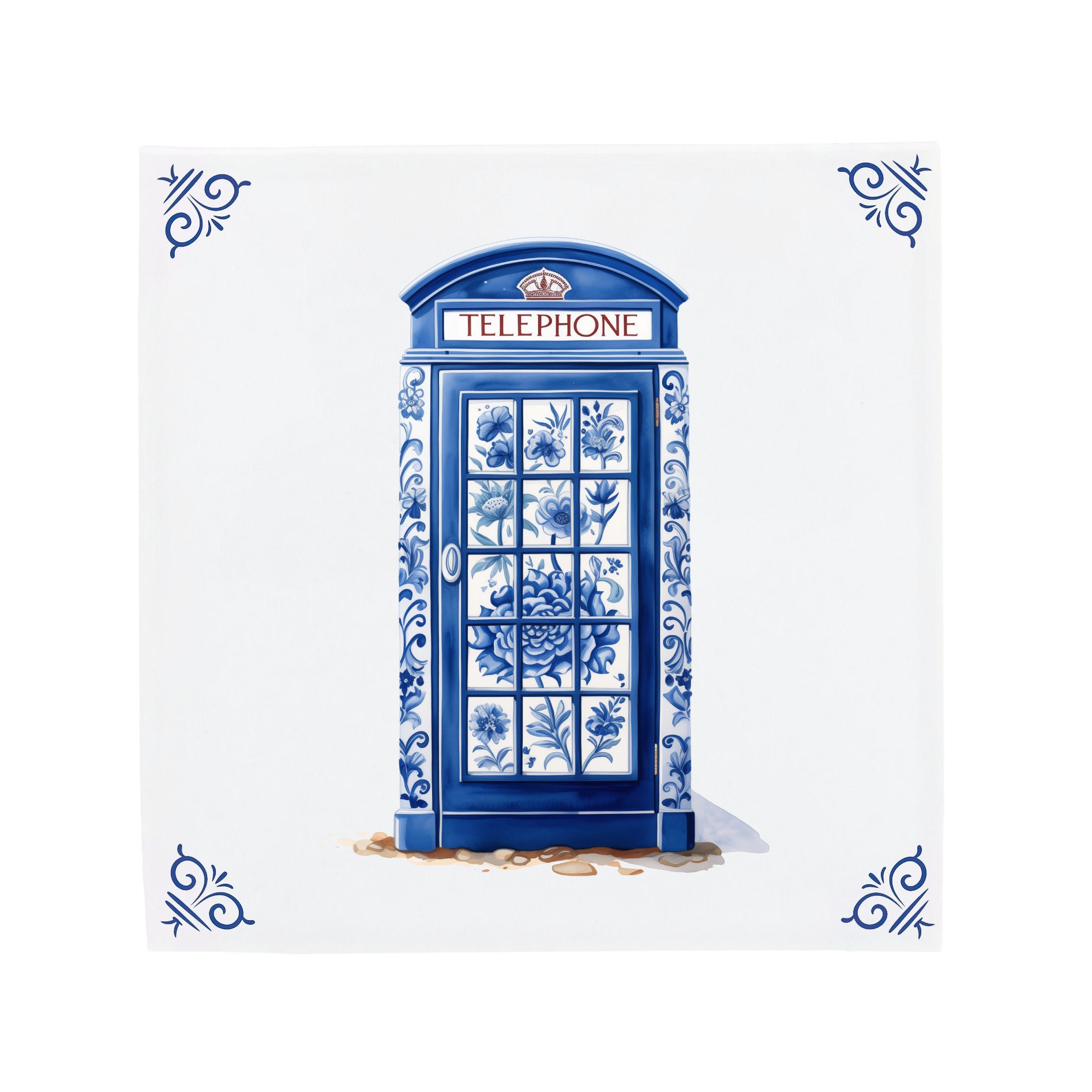 UK Phone Box Delft Blue Tile, Telephone Booth Decor, Vintage Phone Booth for British decor, Delft Blue Ceramic Tile