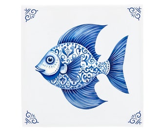 Delfts Blauwe Keramiektegel: Happy Fish | Modern Nederlands design, handgemaakte keramische kunst, unieke woondecoratie en cadeau, traditionele charme