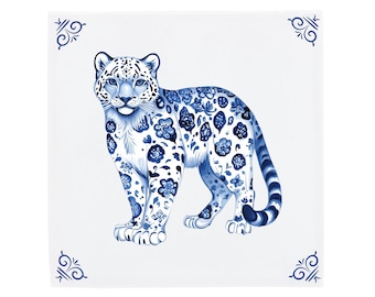 Snow Leopard, Delft Blue Wall Tile Art - Ceramic, Hand-Finished | 11x11 (4x4), 15x15 (6x6), 20x20 (8x8)