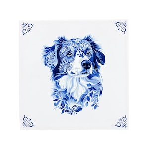 Delft Blue Ceramic Tile: Australian Shepherd | Modern Dutch Design, Handcrafted Ceramic Art, Unique Home Decor & Gift, Traditional Charm