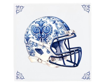 Delft Blue Ceramic Tile: American Football Helmet | Modern Dutch Design, Handcrafted Ceramic Art, Unique Home Decor, Gift, Traditional Charm