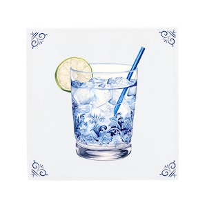 Delft Blue Ceramic Tile: Decorated Gin and Tonic | Modern Dutch Design, Handcrafted Ceramic Art, Unique Home Decor & Gift, Traditional Charm