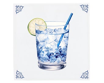 Delft Blue Ceramic Tile: Decorated Gin and Tonic | Modern Dutch Design, Handcrafted Ceramic Art, Unique Home Decor & Gift, Traditional Charm