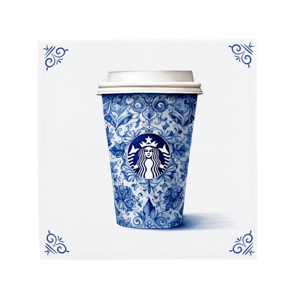 Starbucks Coffee Mug Delft Blue Tile, Foodie Art, Vanilla Latte Art, decoración de cocina Chai Latte, Tim Hortons, arte de cocina de porcelana, regalo de comida