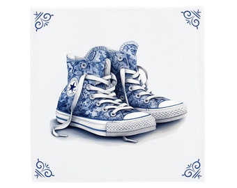 Delft Blue Ceramic Tile: Converse All Stars | Modern Dutch Design, Handcrafted Ceramic Art, Unique Home Decor & Gift, Traditional Charm