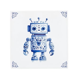 Delft Blue Ceramic Tile: Cute Little Robot  | Modern Dutch Design, Handcrafted Ceramic Art, Unique Home Decor & Gift, Traditional Charm