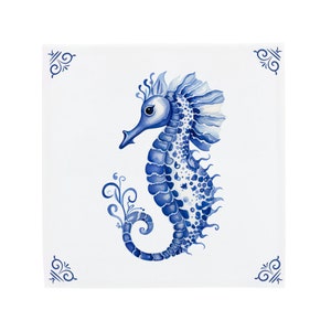 Delft Blue Ceramic Tile: Decorated Sea Horse | Modern Dutch Design, Handcrafted Ceramic Art, Unique Home Decor & Gift, Traditional Charm