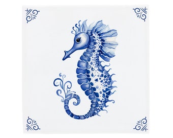 Piastrella in ceramica blu Delft: cavalluccio marino decorato / design moderno olandese, arte ceramica artigianale, decorazioni per la casa e regali unici, fascino tradizionale