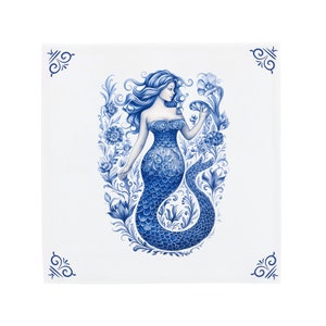 Delft Blue Ceramic Tile: Decorated Little Mermaid | Modern Dutch Design, Handcrafted Ceramic Art, Unique Home Decor & Gift, Traditional