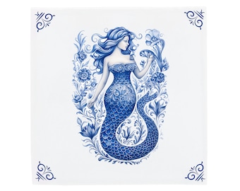 Delft Blue Ceramic Tile: Decorated Little Mermaid | Modern Dutch Design, Handcrafted Ceramic Art, Unique Home Decor & Gift, Traditional