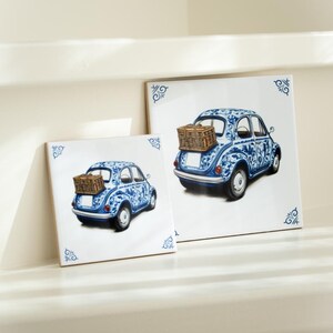 two paintings of a blue and white car with baskets on top